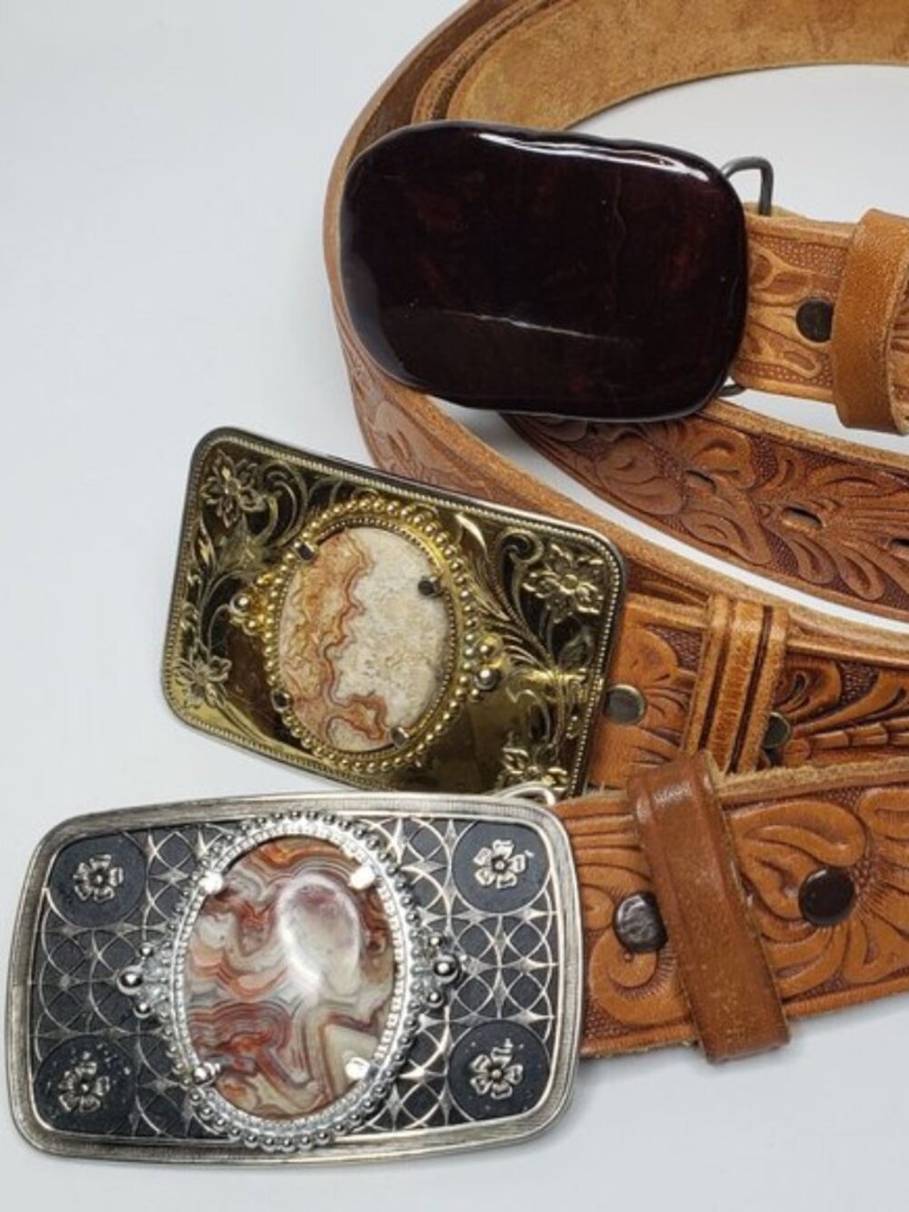 Vintage Three Handmade Western Leather Stone and Redwood Buckle Embossed Belts
